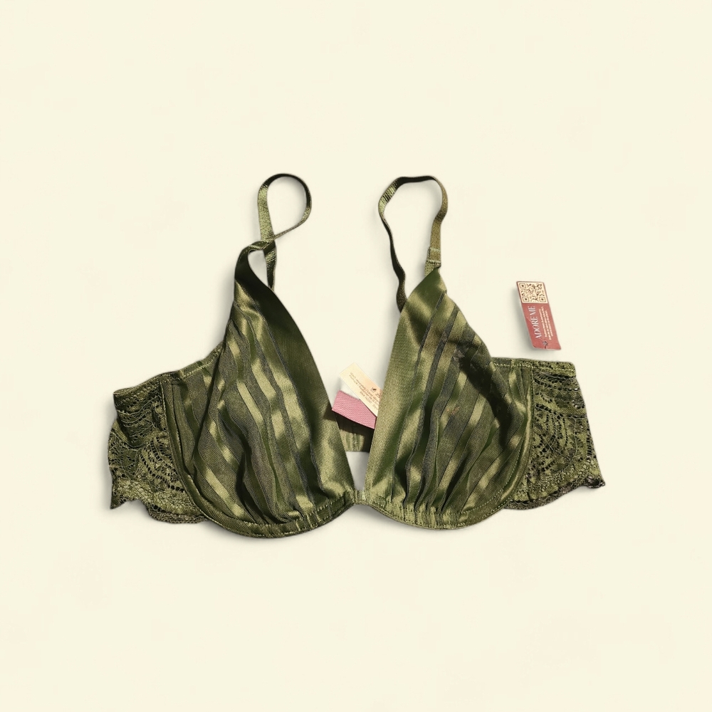 Adore Me Olive Green Lace-Detail Plunge Bra